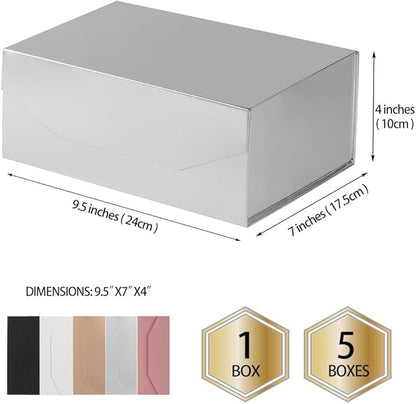 1PCS Silver Gift Box 9.5x7x4 Inches, Sturdy Gift Box with Lid for Gift Packaging, Foldable Magnetic Closure Storage Boxes, Bridesmaid proposal box, Rectangle Collapsible Box