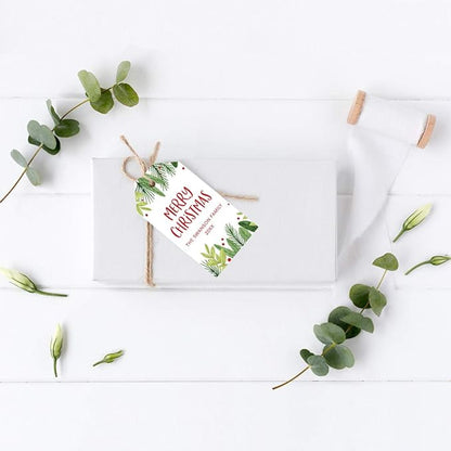Andaz Press Personalized Christmas Holiday Season Classic Gift Tags, Merry Christmas Custom Family Name and Year, Holly and Berry Branches Design, for Holiday Events, Parties, and Favors, 60-Pack