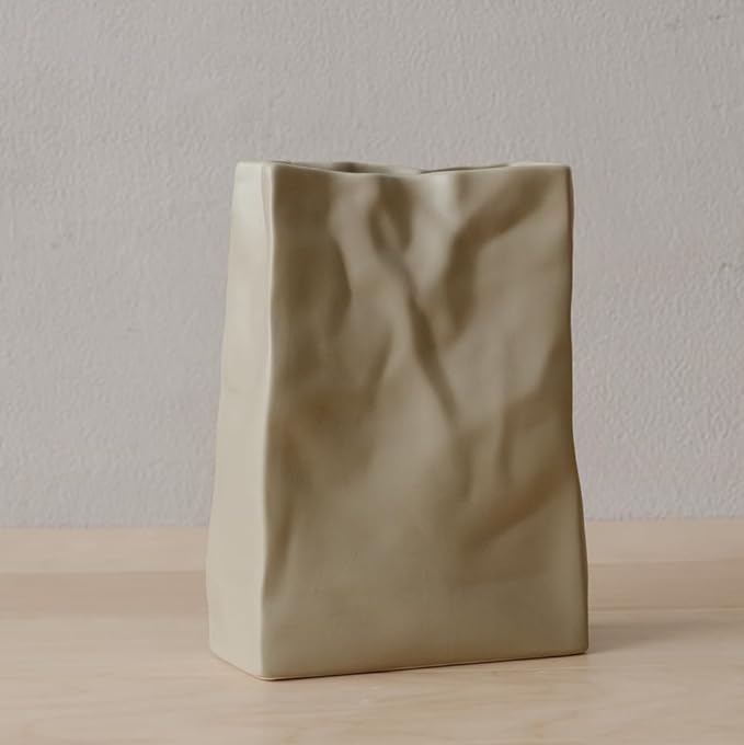 Crinkle Paper Bag Shape Ceramic Vase, Large Capacity for Flower Arrangement, Bookshelf Decorative (Coconut Café)