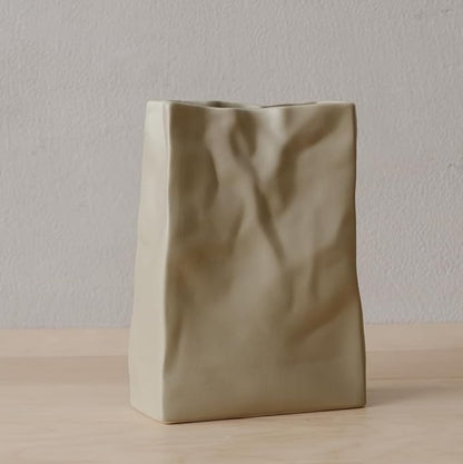 Crinkle Paper Bag Shape Ceramic Vase, Large Capacity for Flower Arrangement, Bookshelf Decorative (Coconut Café)