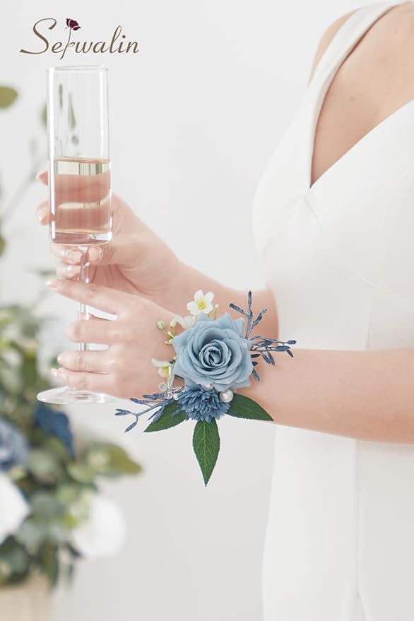 Serwalin Corsage and Boutonniere Set, Boutonniere and Wrist Corsage Wristlet Prom Homecoming Wedding Flowers Accessories Prom Suit Decorations (Blue & Dusty Blue)