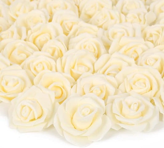 Artificial Rose Flower Heads, 100pcs Cream Yellow Roses Artificial Flower Foam Rose for DIY Wedding Bouquets Centerpieces Arrangements Party Baby Shower Home Decor (Stemless,Cream Yellow)