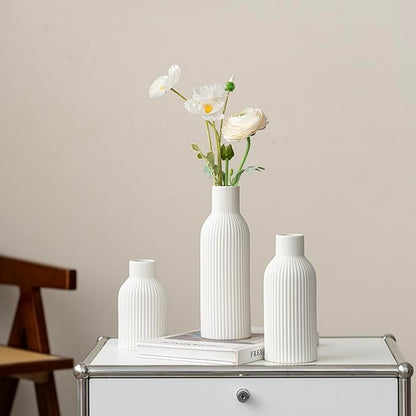Modern Ceramic Vases Set of 3, White Ribbed Decorative Vases, Shelf Table Centerpiece for Home Decor (White)