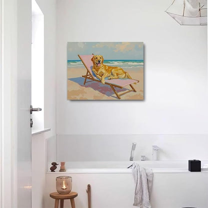 Pink Beach Chair Dog Decor Beach House Wall Decor Canvas Wall Art Framed Art Prints Artwork Posters for Home Living Room Bathroom Dog Mom Room Wall Decorations Paintings Pictures 14.5X11.5 Inch