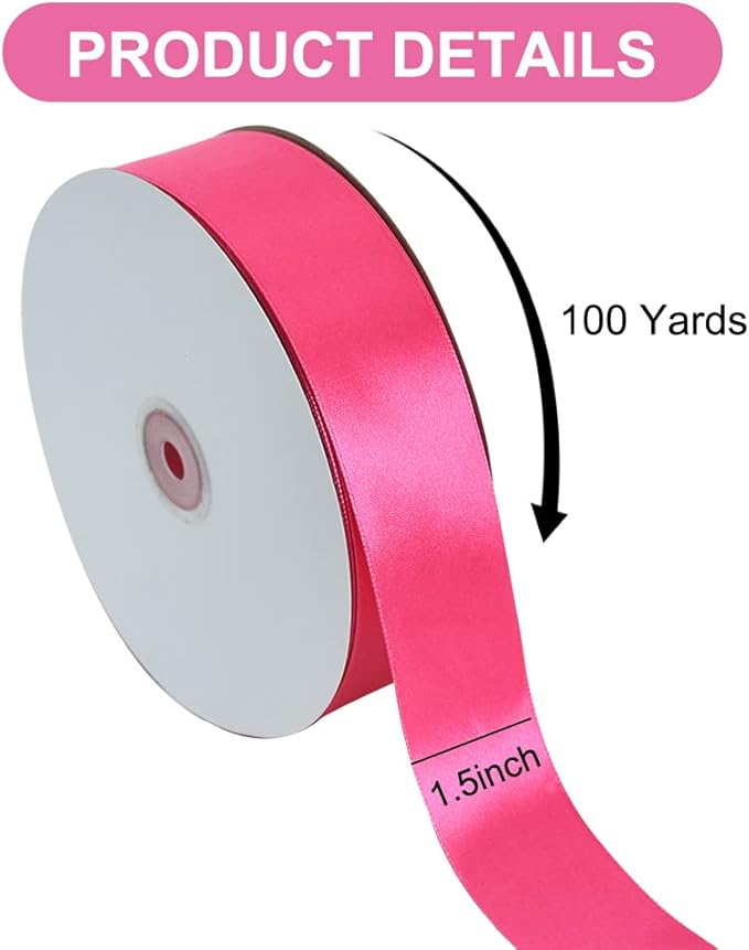 TONIFUL 1-1/2 Inch (40mm) x 100 Yard Shocking Pink Wide Satin Ribbon Solid Fabric Ribbon for Gift Wrapping Chair Sash Valentine's Day Wedding Birthday Party Decoration Hair Floral Craft Sewing