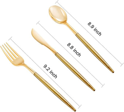 Supernal 102pcs Gold Plastic Silverware, Disposable Cutlery with Dark Gold Handle, Plastic Forks and Spoons Knives,34 Forks,34Knvies,34 Spoons,Perfect for Birthday,Party,Wedding
