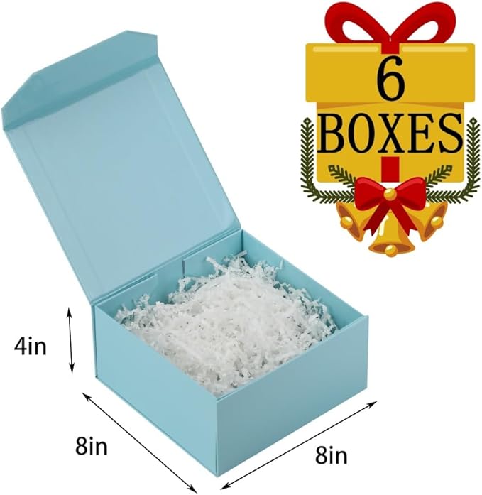 6 Pcs Small Blue Gift Box 8x8x4 Inch Magnetic Box with Crinkle Paper Blue Small Gift Box with Shredded Paper Luxury Gift Boxes with Lids for Presents