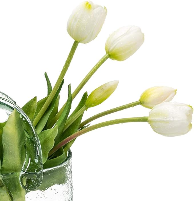 15pcs Artificial Tulips Flowers, Real Touch Latex Bouquet, Fake Tulips for Office Wedding Party Home Kitchen Garden Decoration(White,15pcs)