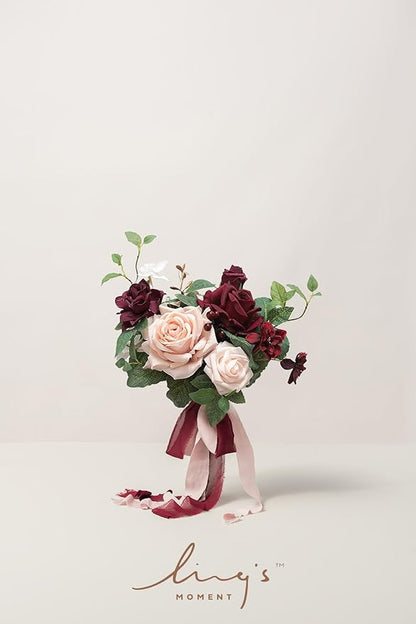 Ling's moment Artificial Flowers Red Bridesmaid Bouquet Set of 6, Red & Blush Wedding Flowers Bouquets for Bridesmaids, 7 Inch Bridal Bouquets for Bridesmaids, Wedding Decor, Anniversary, etc