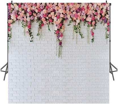 LTLYH 10x10ft White Brick Wall Flowers Background Spring Theme Photography Backdrop for Mother's Day Valentine Wedding Bridal Baby Shower Birthday Party Decor Banner Portrait Photo Booth Prop 134