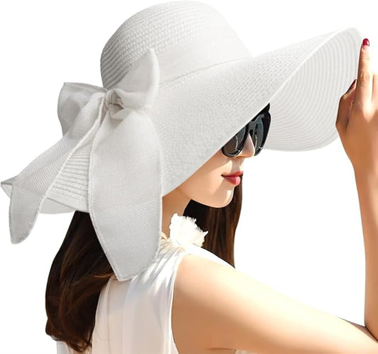 DRESHOW Beach Hats for Women Big Straw Wide Brim Summer Hat Floppy Foldable Roll up Cap Sun Hat UPF 50+