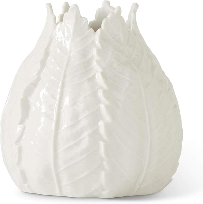 K&K Interiors 16320B-WH 6 Inch White Ceramic Leaf Vase