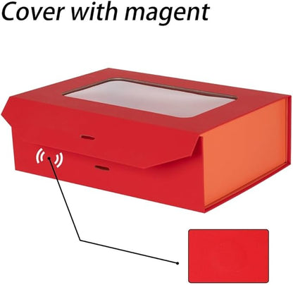 Red Gift Box for Presents with Ribbon 10.8x7.5x3.5 Inches Clear Gift Box with Window Magnetic Closure Gift Boxes with Lids