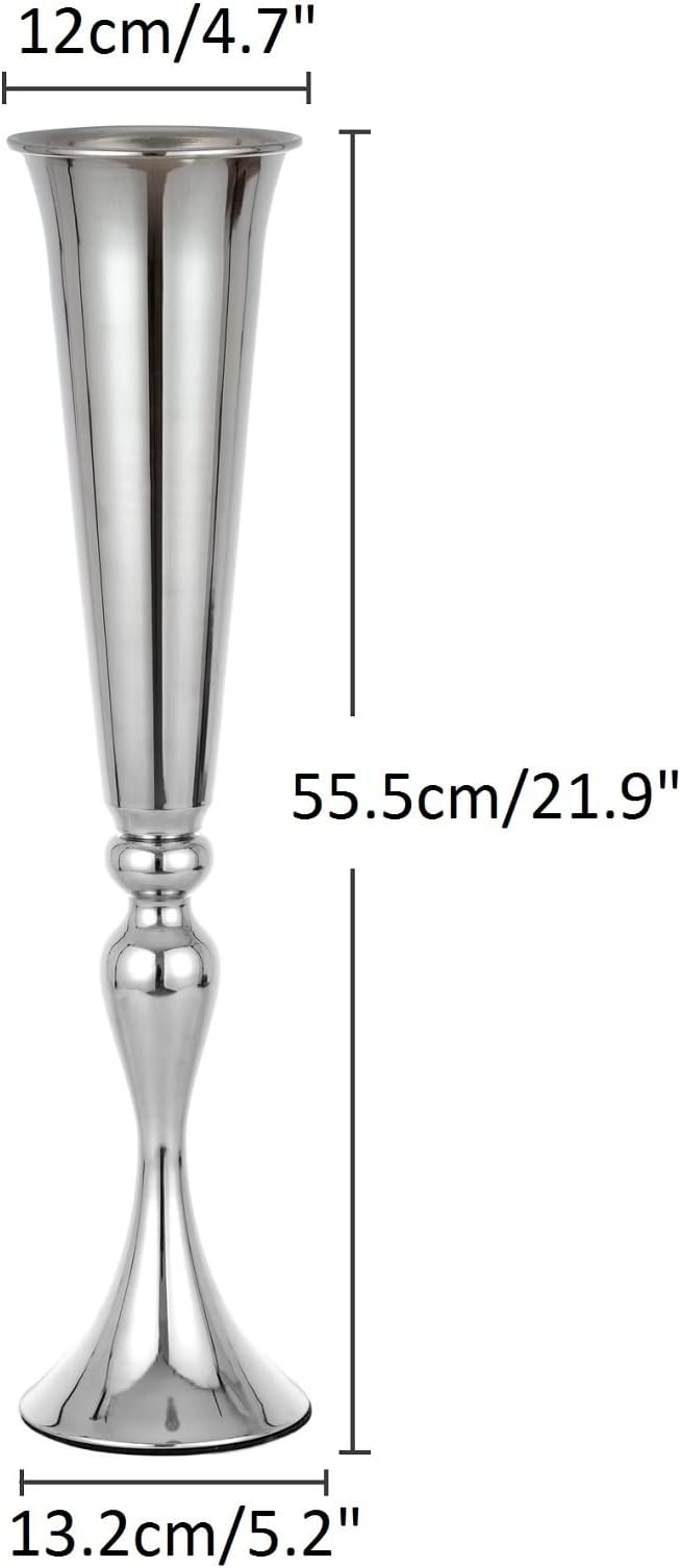 LoveCat 10pcs of Metal Trumpet Silver Vases for Table Centerpieces, Anniversary Celebration Wedding Party Dinner Table Centerpieces, Wedding Decorations, 21.9in/55.5cm Tall Minimalism Vases
