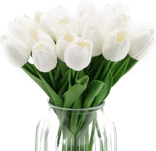 IPOPU 24PCS White Tulips Artificial Flowers Real Touch Tulips Flowers White Fake Tulips Flowers for Home Table Decoration Wedding Bouquet Party Baby Shower Centerpieces Bridal Bouquet Decor (White)