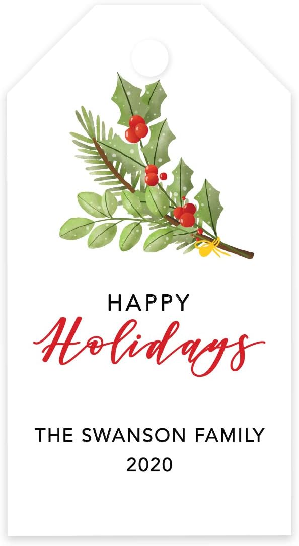 Andaz Press Personalized Tags, Custom Family Name and Year, Winter Holiday Branch Design, 60-Pack for Events and Parties
