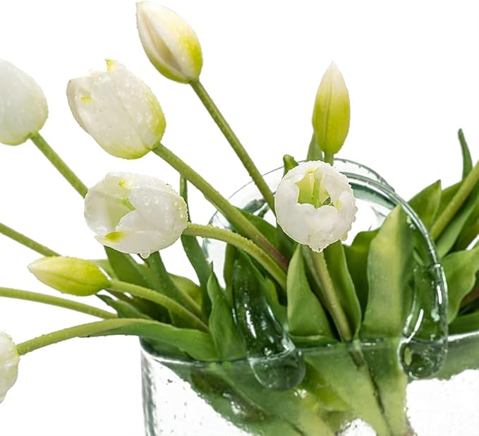 15pcs Artificial Tulips Flowers, Real Touch Latex Bouquet, Fake Tulips for Office Wedding Party Home Kitchen Garden Decoration(White,15pcs)