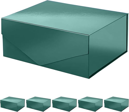 PACKHOME 6 Christmas Gift Boxes 9x6.5x3.8 Inches, Rectangle Collapsible Boxes with Magnetic Lids for Xmas Gift Packaging (Glossy Dark Green)