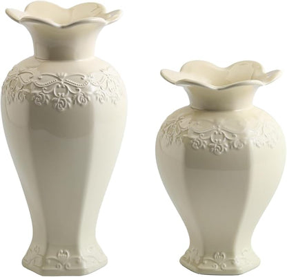 Relievo Elegant White Cream 8in 11in Ceramic Flower Tall Aesthetic Beige Table Tulip Wide Mouth Rose Filler Decorative Rustic Vase Decor for Home (Cream Vase, M)