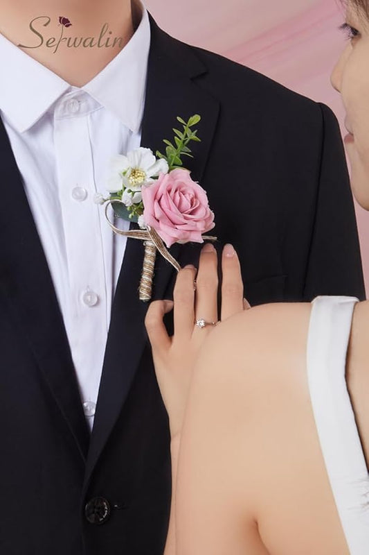 Serwalin 6PCS Pink Rose Boutonniere for Men Wedding Groom Groomsmen Best Man Boutonniere for Wedding Ceremony Anniversary Prom Flowers Formal Dinner Party