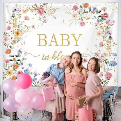 MEHOFOND 7x5ft Wildflower Baby in Bloom Baby Shower Backdrop Decorations, Wildflower Baby Shower Background, Spring Floral Banner Gold Glitter Photography Background Photo Prop 6x3.6ft