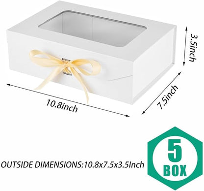 5 Pcs White Gift Box for Presents with Ribbon 10.8x7.5x3.5 Inches Clear Gift Box with Window Magnetic Closure Gift Boxes with Lids