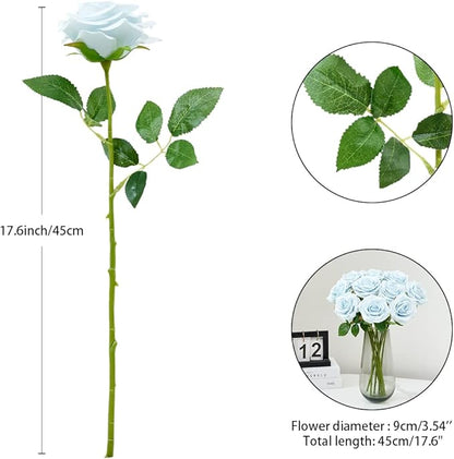 Artificial Rose 10pcs Ice Blue Open Flower Bouquet Faux Rose Stems for Wedding Arrangement, Bridal Bouquet, Centerpiece, Fake Faux Silk Flowers (Ice Blue)