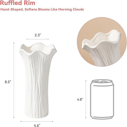 White Ceramic Vase with Ruffled Rim & Vertical Fluted Texture - 8.5" Unique Flower Vase for Pampas Grass & Centerpieces, Decorative Boho/Farmhouse Vase for Living Room, Office & Gift for Her/Yourself