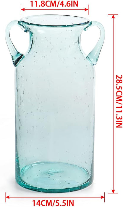 MDLUU Decorative Glass Vase 11" Tall, Bubble Air Flower Vase with Handles, Handblown Jug Vase for Dining Room, Bedroom, Bathroom, Mantel