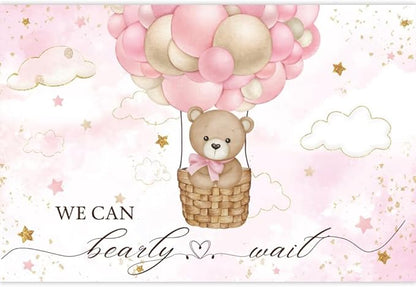 ChloropLastid We Can Bearly Wait Baby Backdrop Girl Bear Hot Air Balloon Baby Shower Photography Background Pink Balloons Clouds Stars Baby Party Cake Photo Decoration 10x8ft