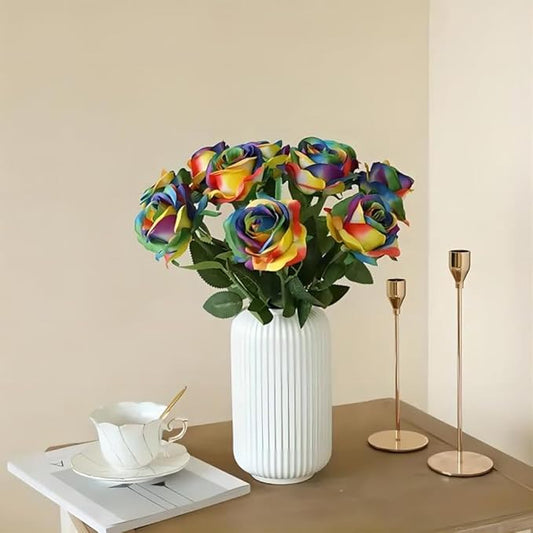 Laelfe 12 PCS Artificial Flowers Rainbow Roses Silk Flowers Fake Long Stem Artificial Colorful Roses for Christmas Home Wedding Bathroom Kitchen Decorations (Colorful)