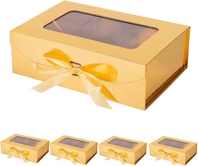 5 Pcs Gold Gift Box for Presents with Ribbon 10.8x7.5x3.5 Inches Clear Gift Box with Window Magnetic Closure Gift Boxes with Lids