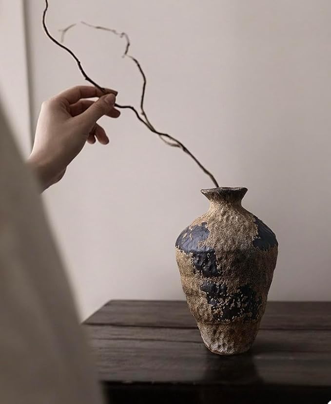 Vintage Rustic Ceramic Vase, 9.8" Tall Textured Pottery Flower Vase for Home Decor, Handmade Terracotta Wabi Sabi Decorative Vase for Living Room, Bedroom, Bathroom Centerpiece