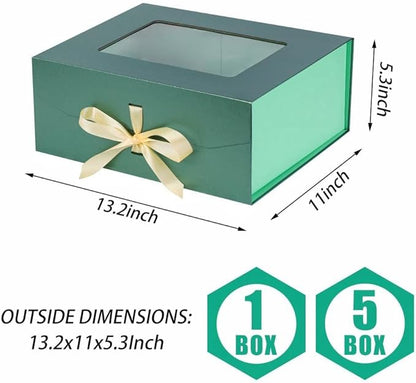 5 Pcs Green Gift Box for Presents with Ribbon 13.2x11x5.3 Inches Clear Gift Box with Window Magnetic Closure Gift Boxes with Lids