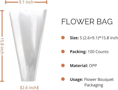 BBJ WRAPS Clear Flower Bags For Bouquets Waterproof And Durable Bouquet Sleeves For Florists, Flower Cellophane Bags For Florist Arrangements Supplies, 9x2.6x16 Inch, 100 Counts（S