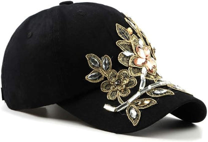 Gudessly Bling Women Baseball Cap Flower Snapback Rhinestone Sun Hats Adjustable Denim Jeans Hat