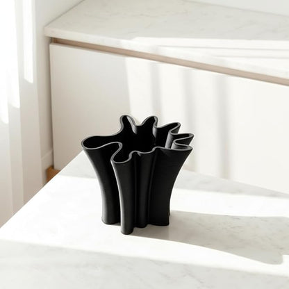 Contemporary Black Ceramic Vase, Abstract Irregular Shape Sculptural Accent for Home Decor, Modern Artistic Centerpiece for Coffee Table or Bookshelf