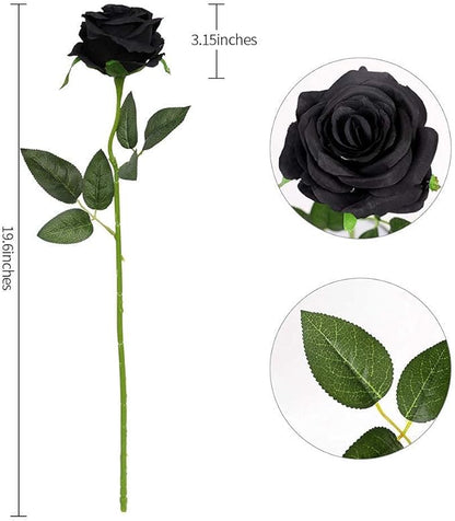 Kisflower 12PCS Black Roses Artificial Flowers Fake Roses Glitter, Silk Roses with Stems Realistic for Halloween Decorations Wedding Party Office Home Decor (Black)