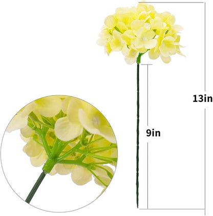 10PCS Silk Hydrangea Heads with Stems Artificial Flowers for Wedding Party Home Decor-Yellow