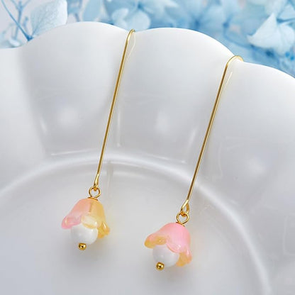 LadayPoa 100pcs Glass Bellflower Beads for Jewelry Making Trumpet Flower Beads Gradient Clear Cute Beads for Bracelets Making Aesthetic Bead Charms for DIY Necklace Decoration-Pink Yellow