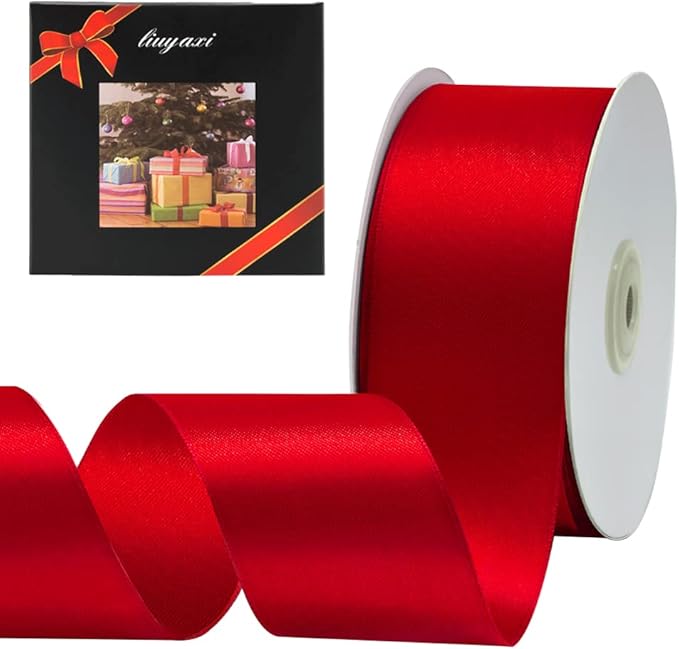 LIUYAXI Hot Red Double Faced Satin Ribbon, 2" X Continuous 50 Yards, Fabric Ribbon Use for Bows Bouquet,Christmas Gift Wrapping,Floral Arrangement