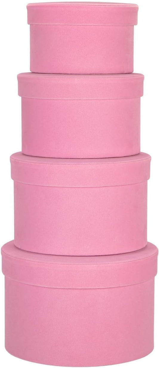 Round Gift Boxes with Lids for Presents Set of 4 Pink Velvet Nesting Gifts Box for Arrangements Flowers Wedding Birthday Valentines Bridesmaid Christmas Party Anniversary
