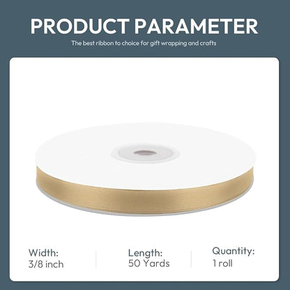 3/8" Wide x 50 Yards Champagne Gold Single Faced Polyester Satin Ribbon for Wedding Decor, Wreath, Crafts, Gift Wrapping & Other Projects