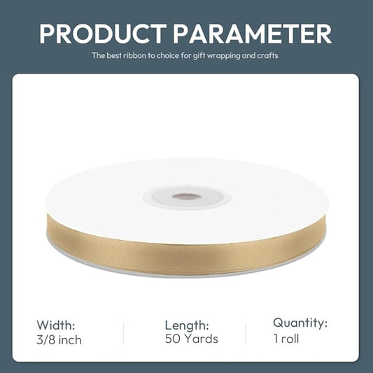 3/8" Wide x 50 Yards Champagne Gold Single Faced Polyester Satin Ribbon for Wedding Decor, Wreath, Crafts, Gift Wrapping & Other Projects