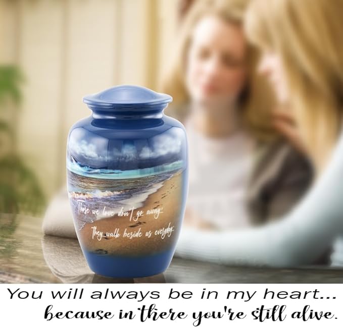 Footprints Cremation Urn - Ocean Blue Memorial Urn with Beach & Waves – Full-Size Handcrafted Metal Funeral Urns for Men & Women’s Ashes (Up to 210 lbs) – A Beautiful Tribute for Ocean Lovers