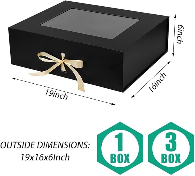3 Pcs Extra Large Black Gift Box for Presents with Ribbon 19x16x6 Inches Clear Gift Box with Window Magnetic Closure Gift Boxes with Lids