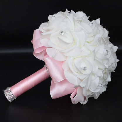 Wedding Bouquet, Pink Bouquet for Bride Bridesmaid with Diamond Soft Ribbons, Artificial Rose Bridal Holding Flowers for Party Church