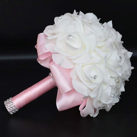 Wedding Bouquet, Pink Bouquet for Bride Bridesmaid with Diamond Soft Ribbons, Artificial Rose Bridal Holding Flowers for Party Church