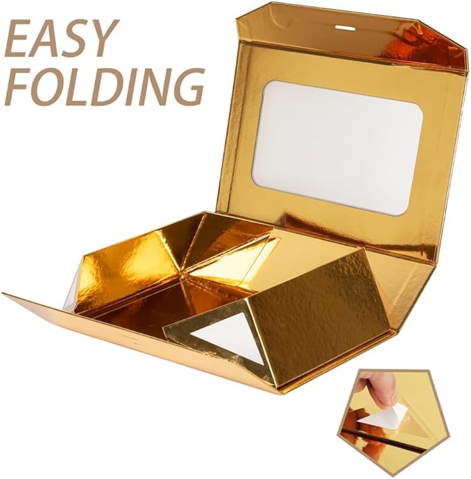 Gold Gift Box for Presents with Ribbon 10.8x7.5x3.5 Inches Clear Gift Box with Window Magnetic Closure Gift Boxes with Lids