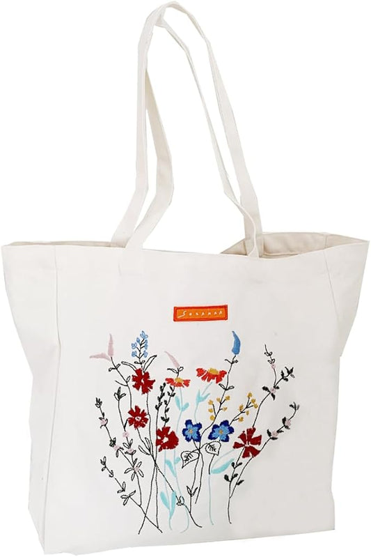 Cotton Canvas Tote Bag Reusable Soft Grocery Cloth Bag Floral Shoulder Bag for Beach Travel Shopping